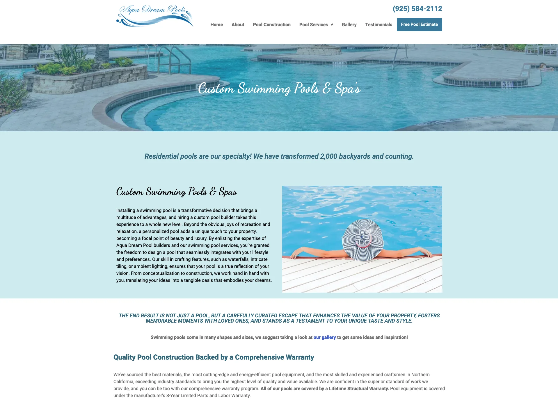 view of Aqua Dream Pools website